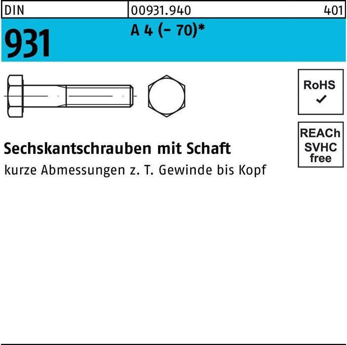 Actual product image Hexagon head screw DIN 931 w.shank M 12 x 130 A 4 (- 70) (10 Screws per piece)