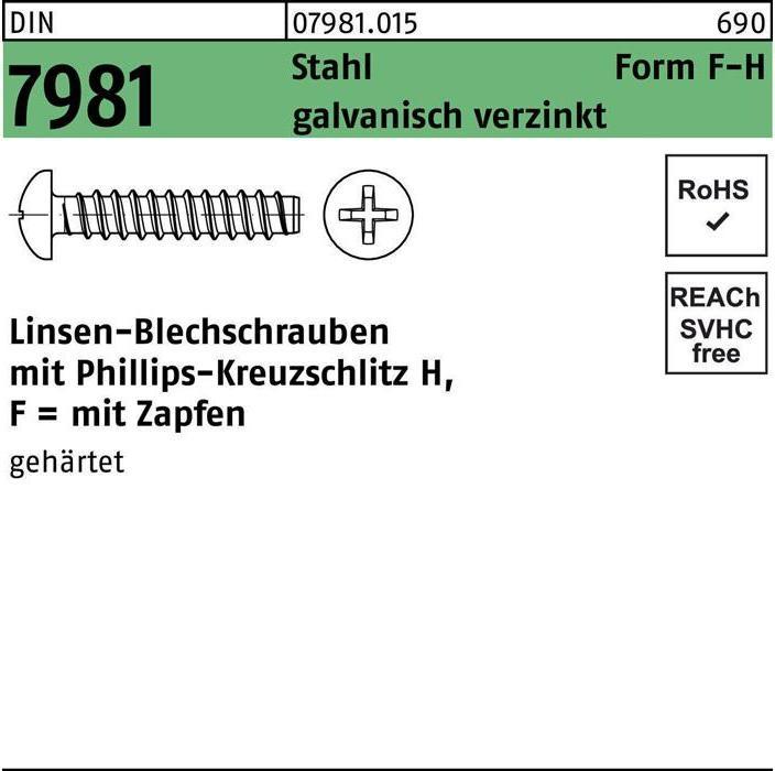 Produktbild Blechschraube DIN 7981 LIKO m.Kreuzschlitz-PH F 5,5 x 16 -H Stahl galvanisch verzinkt m.Zapfen (500 Schrauben pro Stück)