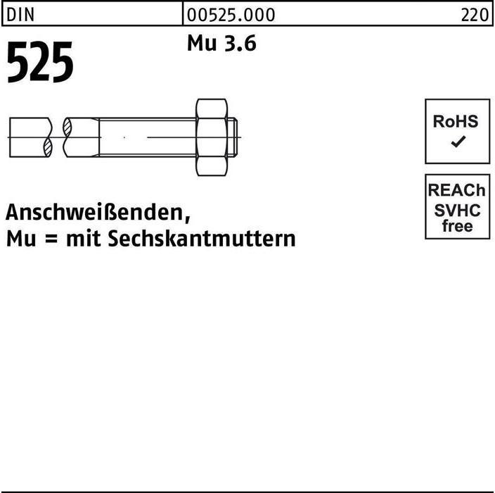 Produktbild Anschweissende DIN 525 m.Sechskantmutter M 22 x 220/ 80 Mu 3.6