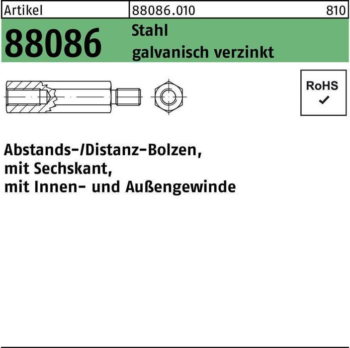 Produktbild Reyher Sechskantabstandsbolzen R 88086 M 6 x 80/ 12 Innen/Aussengew. Stahl gal Zn (100 Schrauben pro Stück)