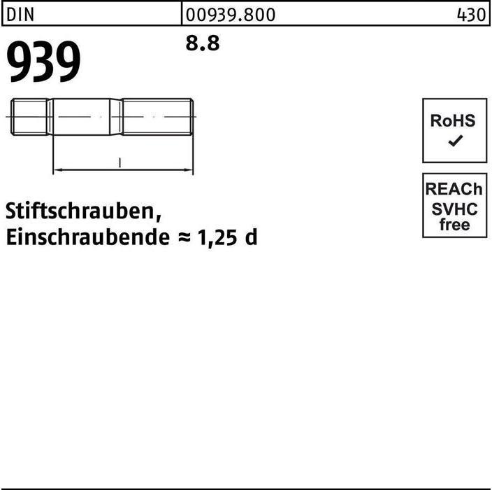Produktbild Stiftschraube DIN 939 M 16 x 90 8.8 Einschraubende=1,25d (10 Schrauben pro Stück)