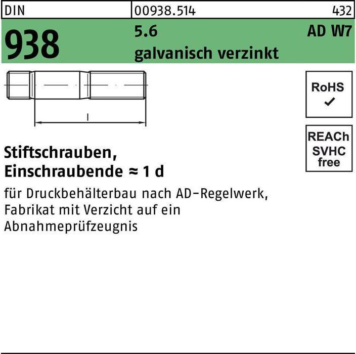 Actual product image Stud bolt DIN 938 M 10 x 50 5.6 galvanised (100 Screws per piece)