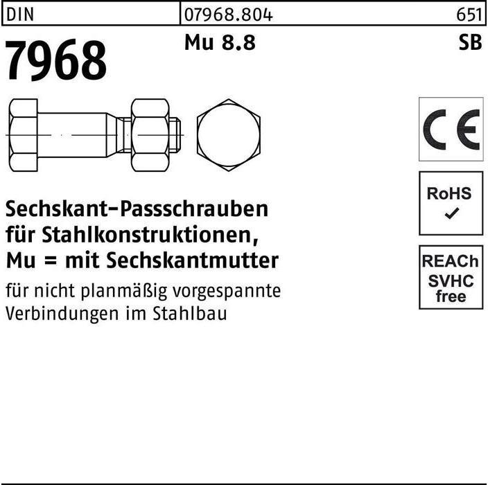 Produktbild Sechskantpassschraube DIN 7968 m.Mutter M 20 x 75 8.8 (1 Schrauben pro Stück)