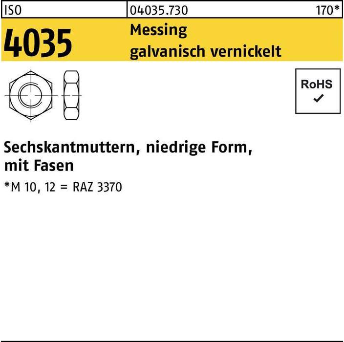 Produktbild Sechskantmutter ISO 4035 niedrig m.Fasen M 4 Messing galvanisch vernickelt (M4)