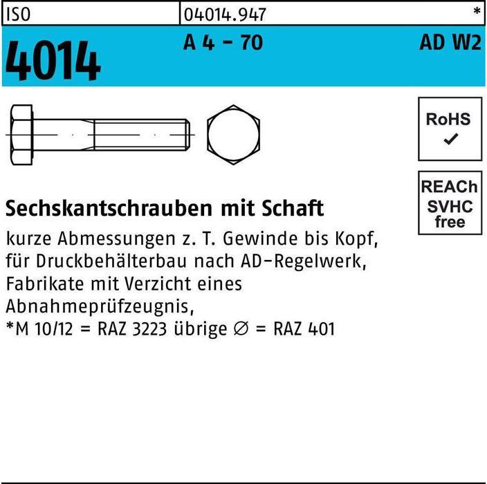 Produktbild Sechskantschraube ISO 4014 m.Schaft M 12 x 70 A 4 - 70 AD-W2 (50 Schrauben pro Stück)