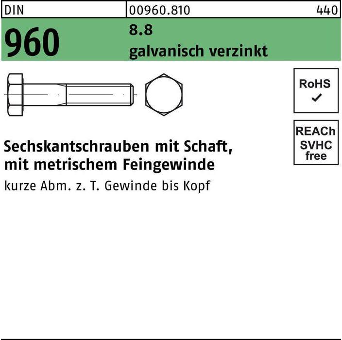 Produktbild Sechskantschraube DIN 960 m.Schaft M 12x1,25x 50 8.8 galvanisch verzinkt (100 Schrauben pro Stück)