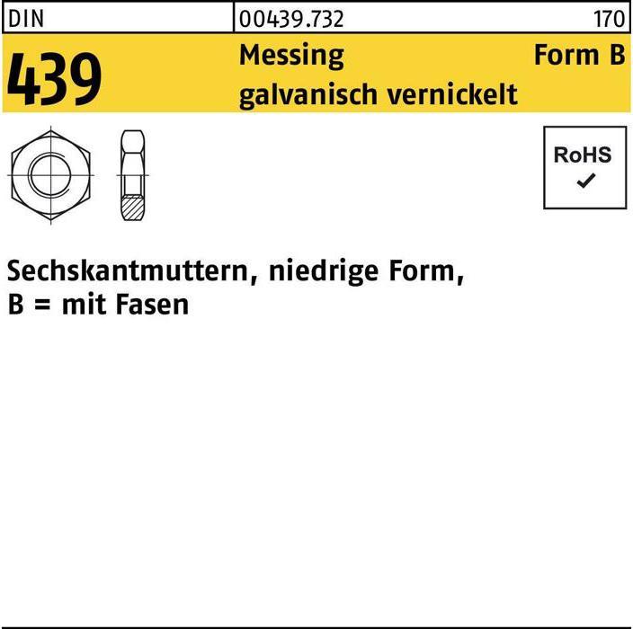 Produktbild Sechskantmutter DIN 439 Form B BM 5 Messing galvanisch vernickelt (M5)