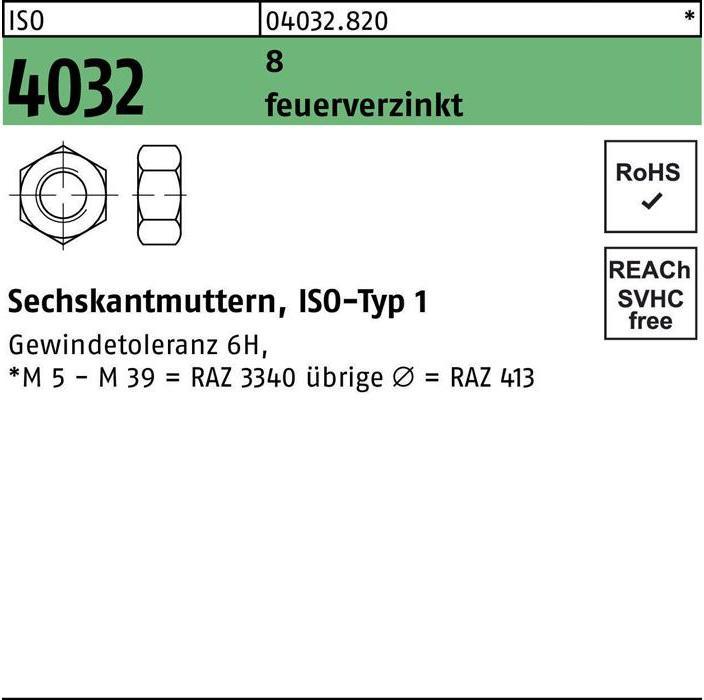 Image du produit Bufab Écrou hexagonal ISO 4032 M 39 8 galvanisé à chaud (M39)