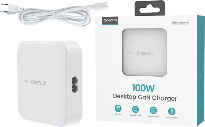 Image du produit Choetech PD8008 Chargeur rapide GaN 100W 2x USB-A / 2x USB-C - blanc (100 W, 4 ports)