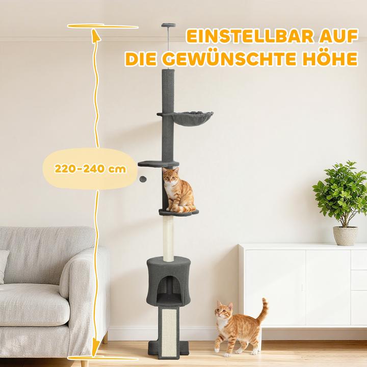 Produktbild PawHut Kratzbaum Spanplatte, Polyester Dunkelgrau (220 cm, Dunkelgrau)