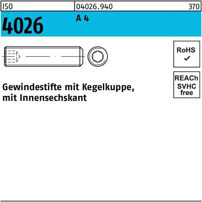 Thumbnail - Reyher, Schrauben, Gewindestift ISO 4026 Kegelkuppe/Innen-6-kant M 10 x 50 A 4 (50 Schrauben pro Stück)