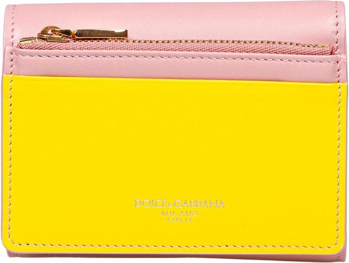 Actual product image Dolce & Gabbana leather wallet with metal dg logo in pink and yellow color