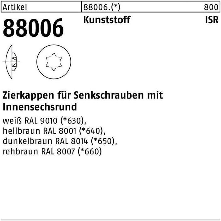 Thumbnail - Zubehör Befestigungstechnik, Zierkappe R 88006 f.Innensechsrund 25 x13,5/5 Kunststoff weiss