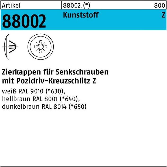 Thumbnail - Zubehör Befestigungstechnik, Zierkappe R 88002 f.Kreuzschlitz-PZ 3 x 13 / 5,5-6 Kunststoff hellbraun