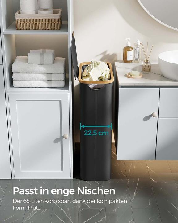 Actual product image Songmics Wäschekorb zusammenklappbar mit Bambusgriffen taubengrau (65 l)