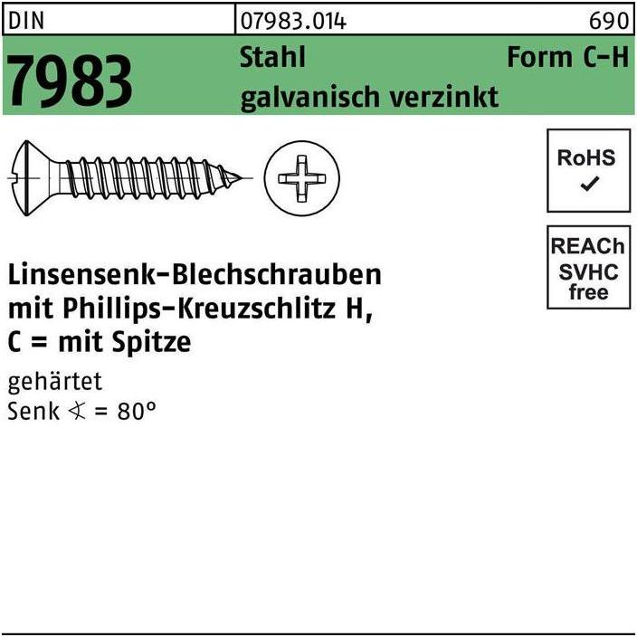 Thumbnail - Schrauben, Linsensenkblechschraube DIN 7983 m.Kreuzschlitz-PH C 2,9 x 25 -H Stahl gehärtet galvanisch verzinkt (100 Schr...