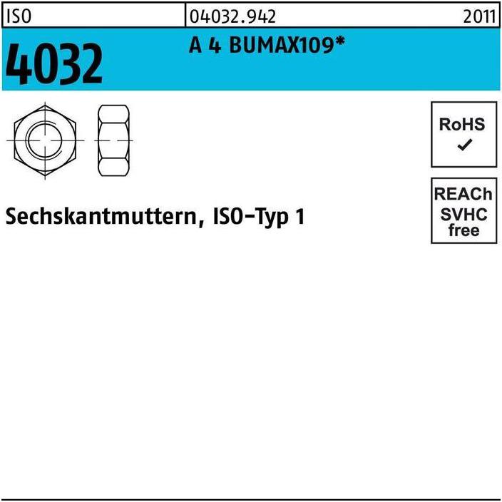 Thumbnail - Bufab, Muttern + Unterlegscheiben, Sechskantmutter ISO 4032 M 12 A 4 BUMAX109 (M12)