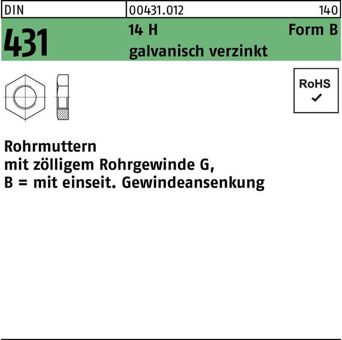 Produktbild Rohrmutter DIN 431 BG 2 14 H galvanisch verzinkt (G2")