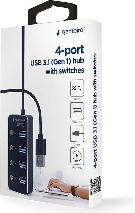 Produktbild Gembird USB 3.1 Gen 1 4-Port Hub mit Schaltern schwarz (USB-C, 4 Ports)