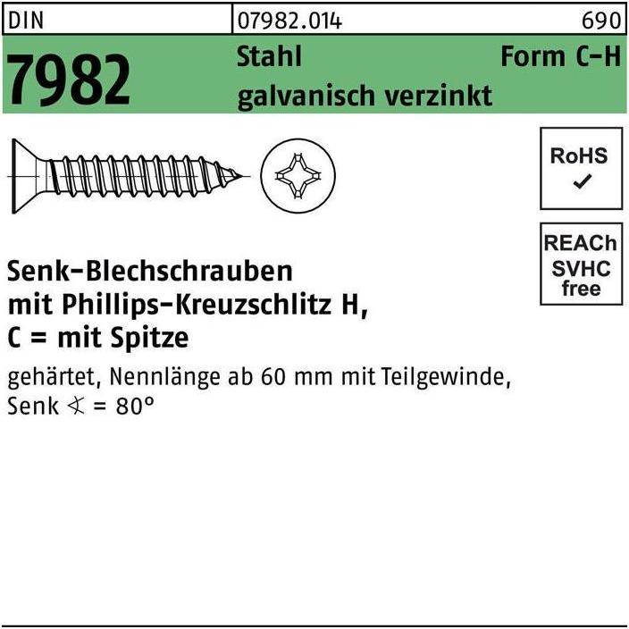 Thumbnail - Schrauben, Senkblechschraube DIN 7982 m.Kreuzschlitz-PH/Spitze C 2,9 x 19 -H Stahl galvanisch verzinkt (100 Schrauben pr...
