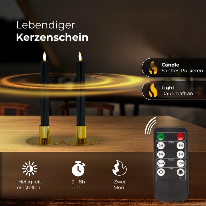Actual product image Novaliv Stabkerzen LED mit Timer SCHWARZ 2er indoor mit Timer Funktion 6 Stunden ECHTWACHS gerippt 23cm Höhe (2 x)