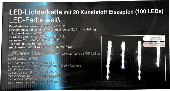 Produktbild Mojawo LED-Lichterkette mit 20 Eiszapfen 100 LED's 8 Licht-Funktionen kaltweiss (2.85 m)