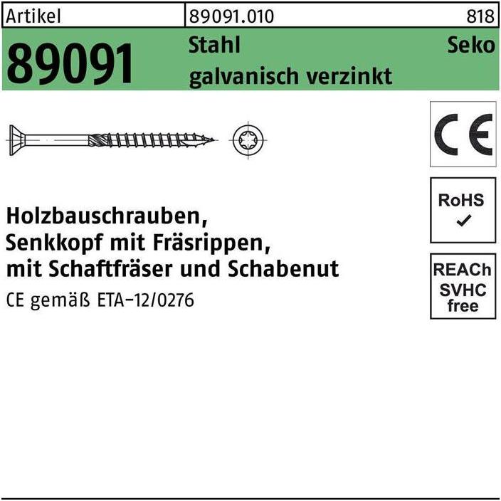 Thumbnail - Schrauben, Holzbauschraube R 89091 SEKO Innensechsrund 10 x 320 -T40 Stahl galvanisch verzinkt (25 Schrauben pro Stück)