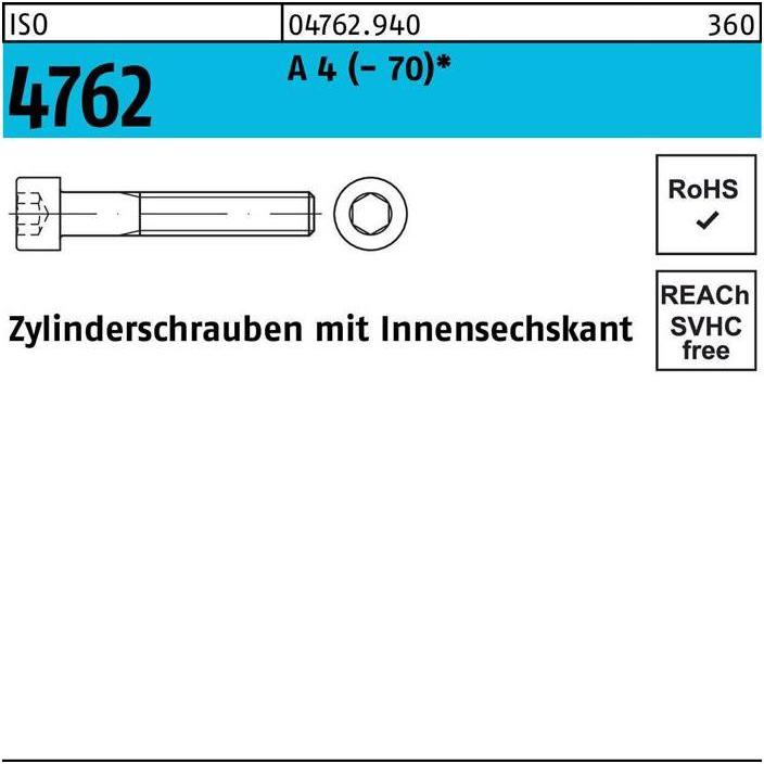 Thumbnail - Schrauben, Zylinderschraube ISO 4762 m.Innensechskant M 6 x 75 A 4 (- 70) (100 Schrauben pro Stück)