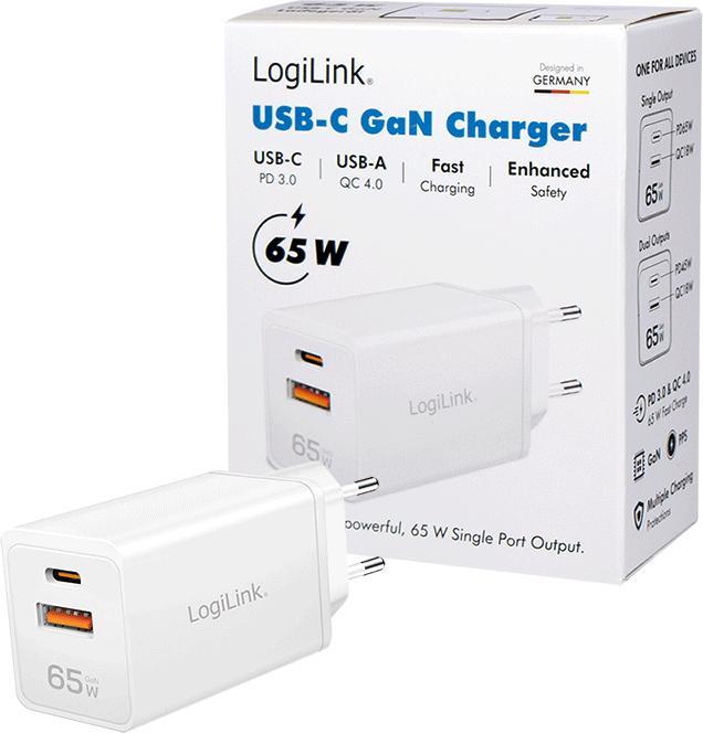 Produktbild LogiLink Dual-USB Steckdosenadapter, 65 W, GaN, 1x USB-C (PD), 1x USB-A (QC), Weiss (65 W, 2 Ports)