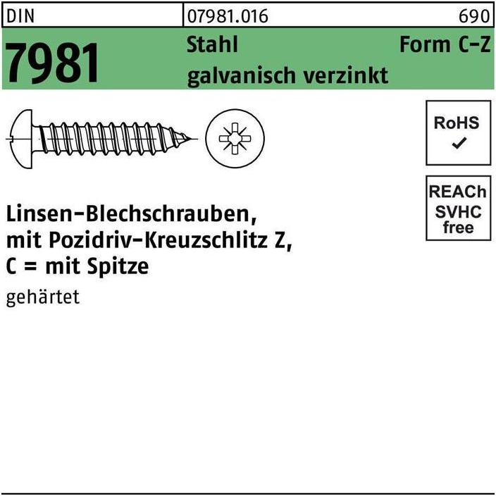 Thumbnail - Schrauben, Blechschraube DIN 7981 LIKO m.Kreuzschlitz-PZ 4,2x 22 -C-Z Stahl galvanisch verzinkt m.Spitze (100 Schrauben ...