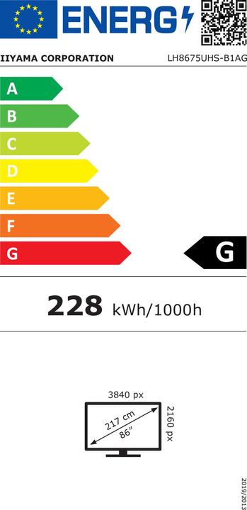 Label énergétique iiyama 217,4cm(85,6") LH8675UHS-B1AG 16:9 3xHDMI+2xUSB IPS retail (Speditionsversand) (3840 x 2160 pixels, 85.60")