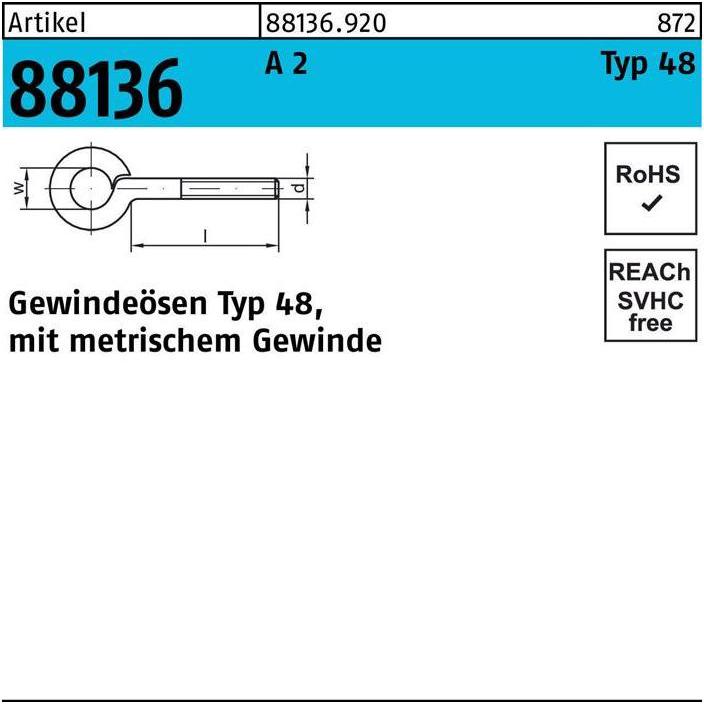 Thumbnail - Dübel, Gewindeöse R 88136 Typ 48 M 4 x 20 D 6 A 2 (50 Stk.)