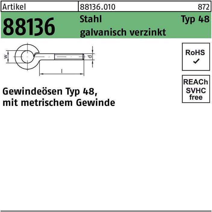 Thumbnail - Dübel, Gewindeöse R 88136 Typ 48 M 6 x 25 D 10 Stahl galvanisch verzinkt (100 Stk.)