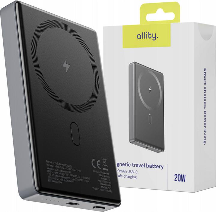 Actual product image Allity wireless power bank APB-300 PD QC 20W 10000 mAh magnetic gray (10000 mAh, 20 W)