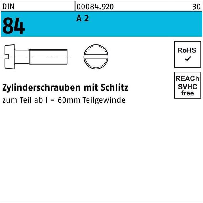 Thumbnail - Schrauben, Zylinderschraube DIN 84/ISO 1207 Schlitz M 5 x 30 A 2 (200 Schrauben pro Stück)