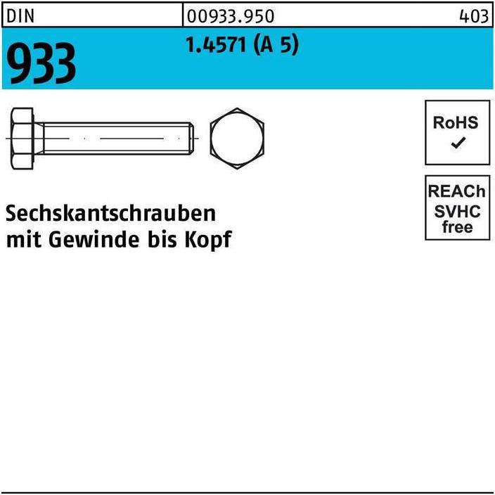 Thumbnail - Schrauben, Sechskantschraube DIN 933 VG M 12 x 25 A 5 (1 Schrauben pro Stück)
