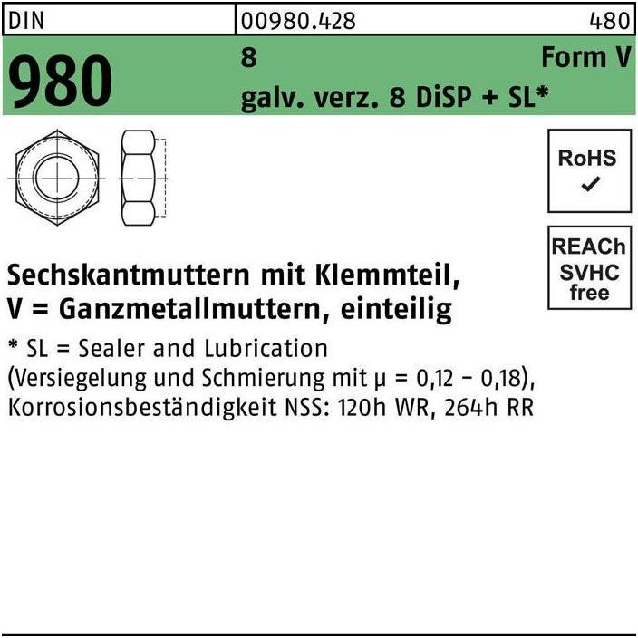 Thumbnail - Muttern + Unterlegscheiben, Sechskantmutter DIN 980 m.Klemmteil V M 8 8 galvanisch verzinkt 8 DISP (M8)