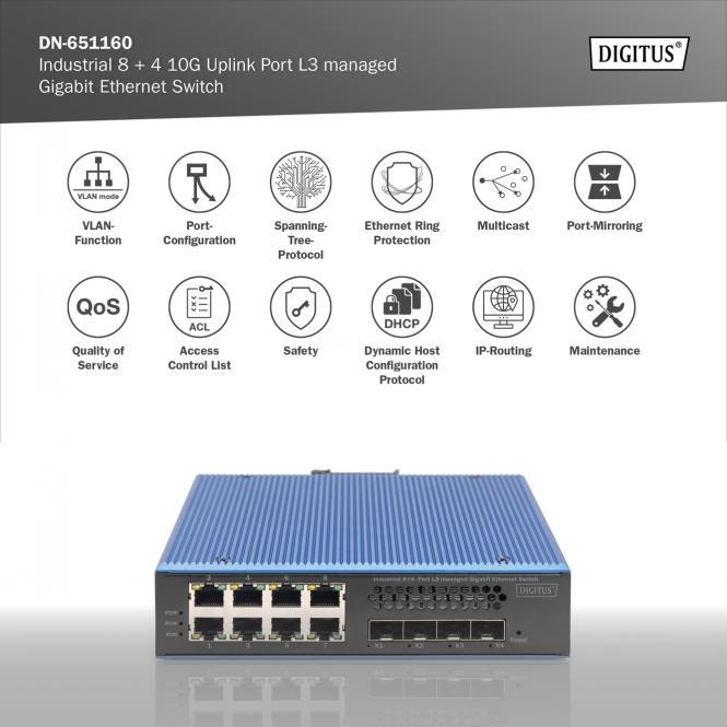 Productafbeelding Digitus Industriële 8 + 4 10G Uplink Poort L3 Beheerde Gigabit Ethernet Schakelaar (8 ports)