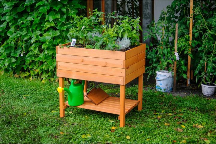 Image du produit Dobar Hochbeet Kubus 2.0 mit Ablage und Pflanzfolie, Hellbraun