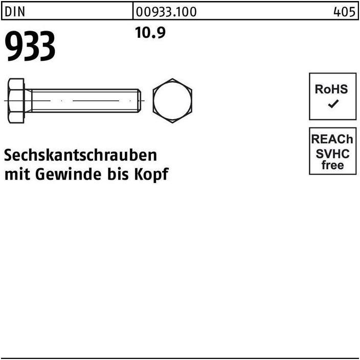 Thumbnail - Schrauben, Sechskantschraube DIN 933 VG M 10 x 50 10.9 (100 Schrauben pro Stück)