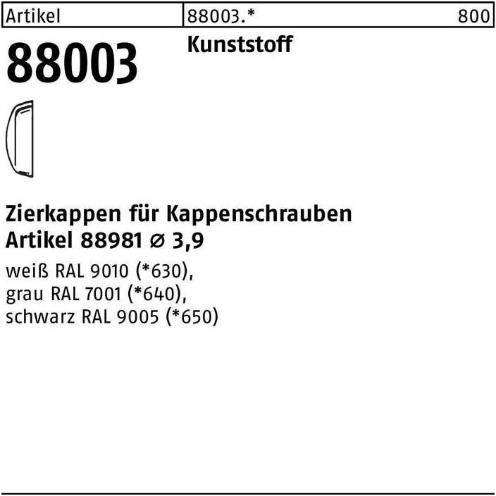 Thumbnail - Zubehör Befestigungstechnik, Zierkappe R 88003 f.Kappenschr. F. 3,9 Kunststoff weiss