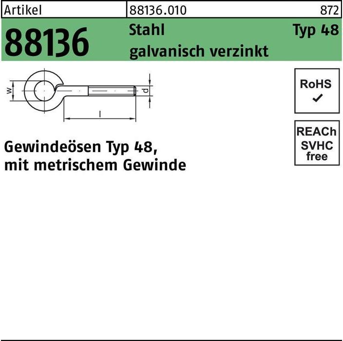 Immagine prodotto Occhiello filettato R 88136 Tipo 48 M 12 x100 D 18 Acciaio zincato (25 pz.)