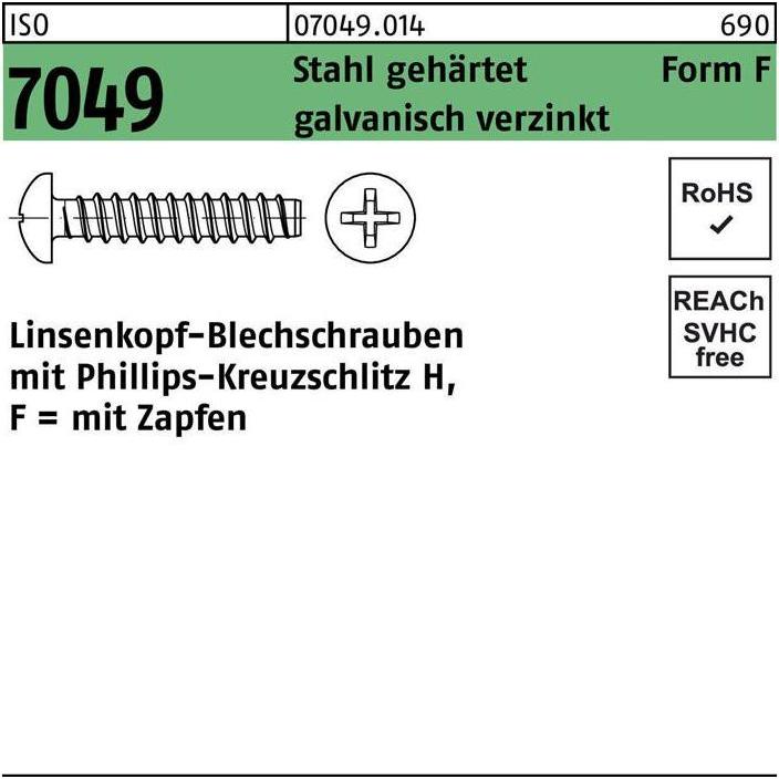 Thumbnail - Schrauben, Blechschraube ISO 7049 LIKO m.Zapfen/Kreuzschlitz-PH F 6,3 x 13 -H Stahl gehärtet galvanisch verz... (250 Sch...