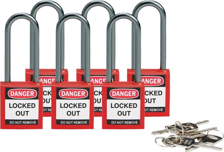 Brady Lucchetto di sicurezza compatto in nylon, rosso, altezza grillo 50 mm, grillo in alluminio 4,7 mm