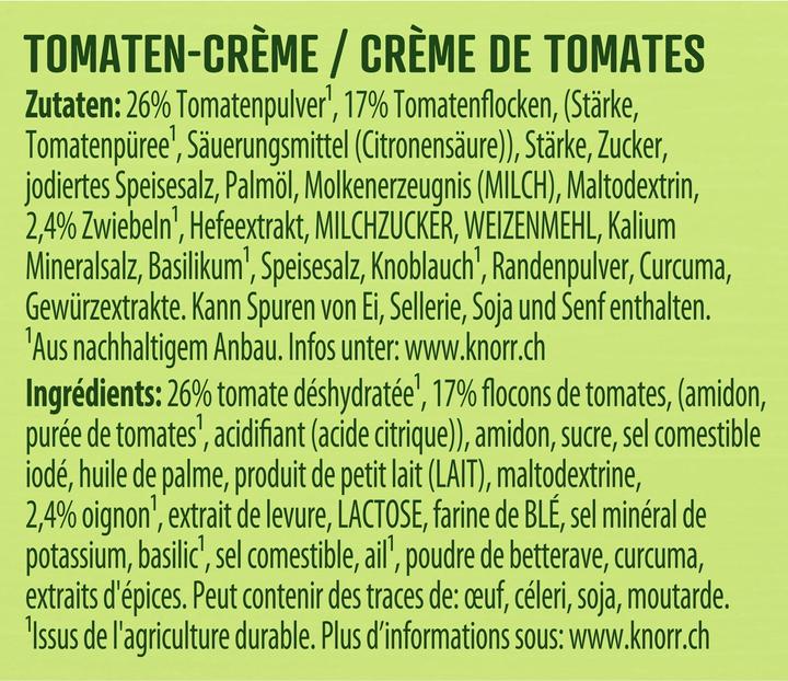 Nährwerte und Zutaten Knorr Tomatencrème Suppe Beutel, Tomatensuppe aus sonnengereiften Tomaten, einfach zubereitet