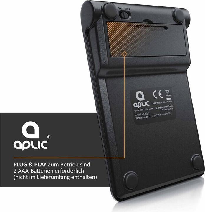 Actual product image Aplic Bluetooth numpad, wireless numeric keypad with multifunction keys, aluminium keypad, 35 keys, BT3.0 (DE, Wireless)