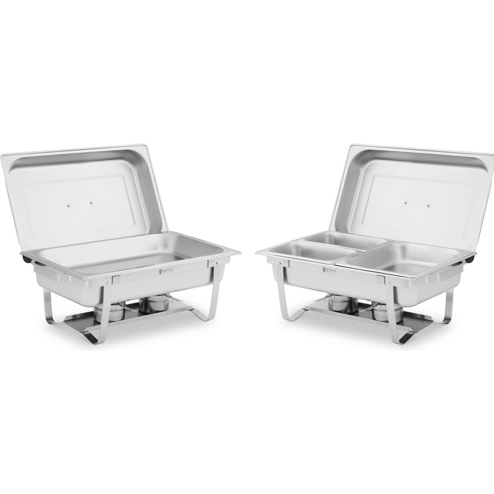 Royal Catering Chafing Dish Set Warmhaltebehälter Rechaud Wärmebehälter 2 x 8 l Edelstahl, Warmhalteplatte, Silber