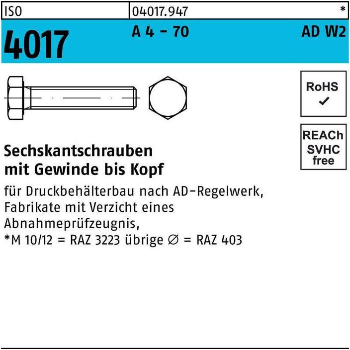 Thumbnail - Bufab, Schrauben, Sechskantschraube ISO 4017 VG M 6 x 10 A 4 - 70 AD-W2 (200 Schrauben pro Stück)