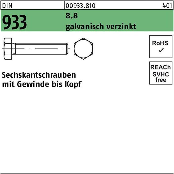 Thumbnail - Schrauben, Sechskantschraube DIN 933 VG M 24 x 140 8.8 galvanisch verzinkt (10 Schrauben pro Stück)