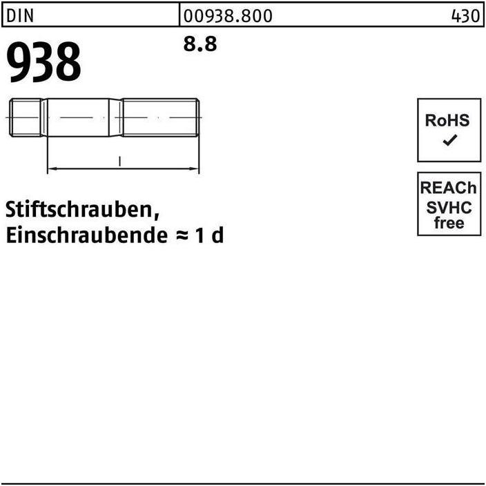 Thumbnail - Schrauben, Stiftschraube DIN 938 M 24 x 75 8.8 (10 Schrauben pro Stück)